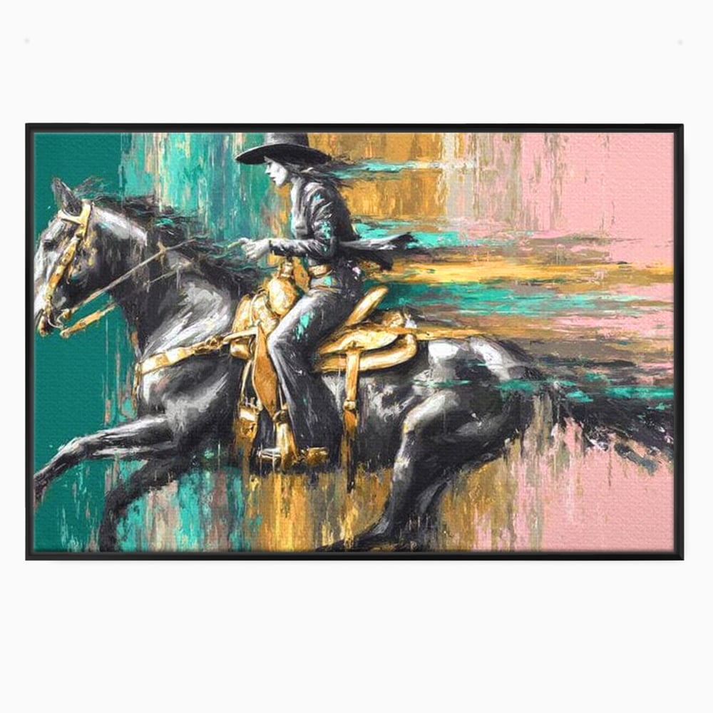 Tablou Canvas Premium, LuxCanva® M1357, Calaret Pierdut in Culoare, Armasar, Galop, Viteza, Pictura, Palarie, Femeie, Cowboy, Culoare, Copite, Birou, Living, Camera Copil