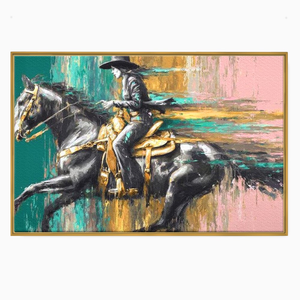 Tablou Canvas Premium, LuxCanva® M1357, Calaret Pierdut in Culoare, Armasar, Galop, Viteza, Pictura, Palarie, Femeie, Cowboy, Culoare, Copite, Birou, Living, Camera Copil