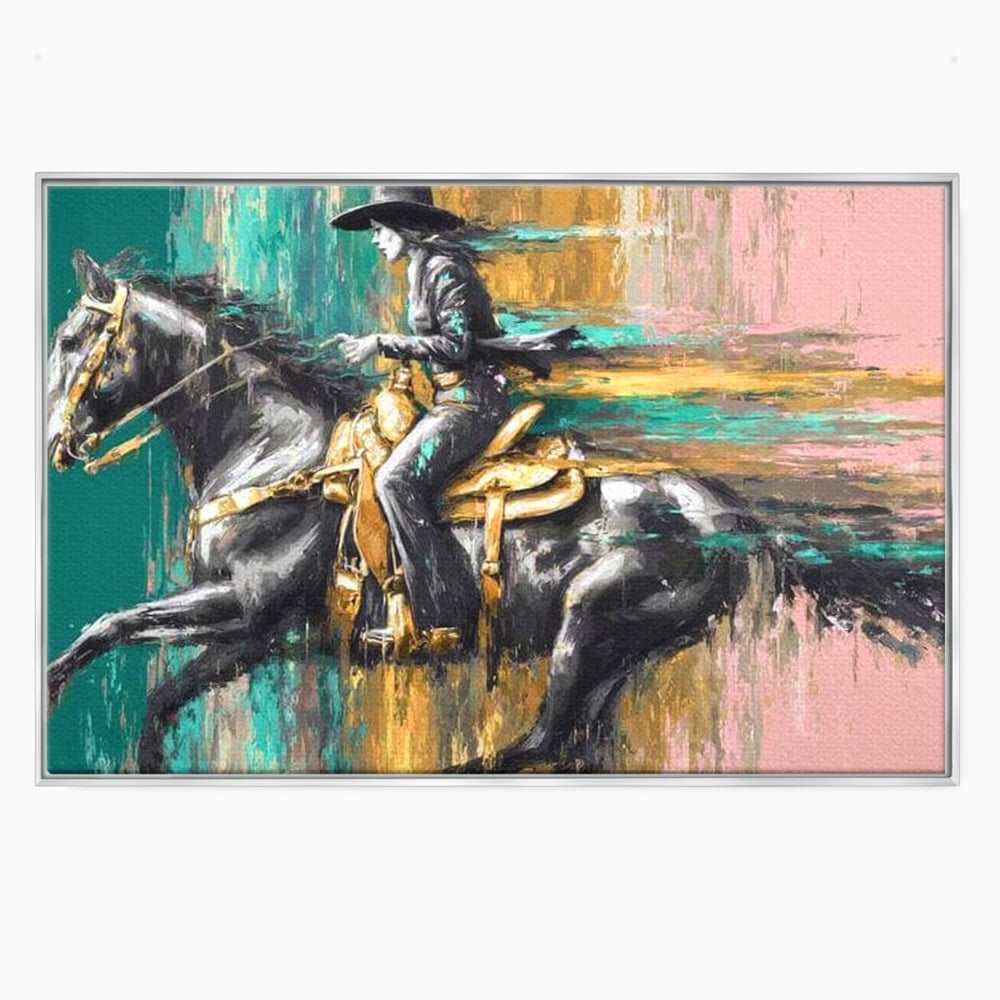 Tablou Canvas Premium, LuxCanva® M1357, Calaret Pierdut in Culoare, Armasar, Galop, Viteza, Pictura, Palarie, Femeie, Cowboy, Culoare, Copite, Birou, Living, Camera Copil