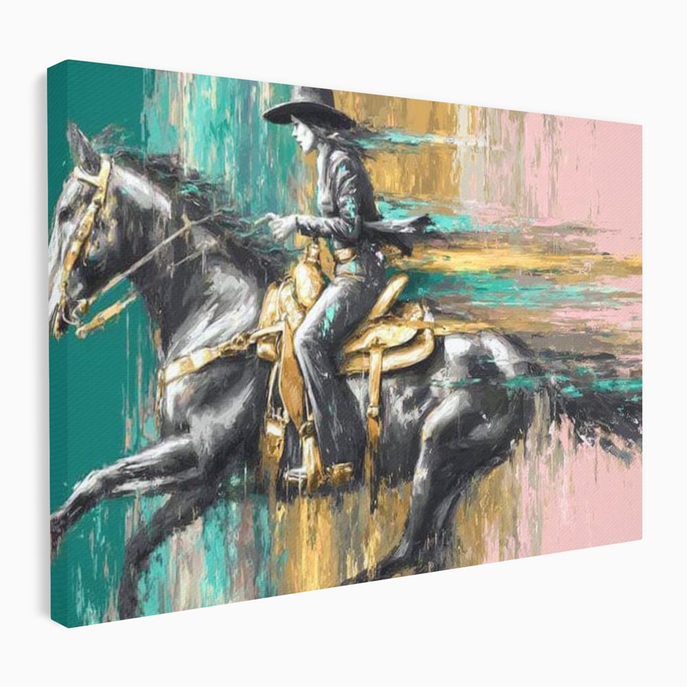 Tablou Canvas Premium, LuxCanva® M1357, Calaret Pierdut in Culoare, Armasar, Galop, Viteza, Pictura, Palarie, Femeie, Cowboy, Culoare, Copite, Birou, Living, Camera Copil