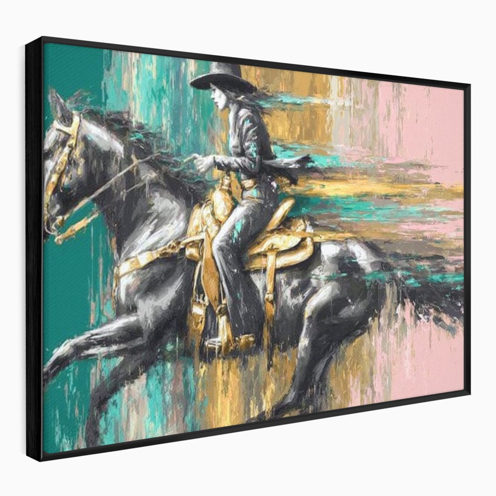 Tablou Canvas Premium, LuxCanva® M1357, Calaret Pierdut in Culoare, Armasar, Galop, Viteza, Pictura, Palarie, Femeie, Cowboy, Culoare, Copite, Birou, Living, Camera Copil