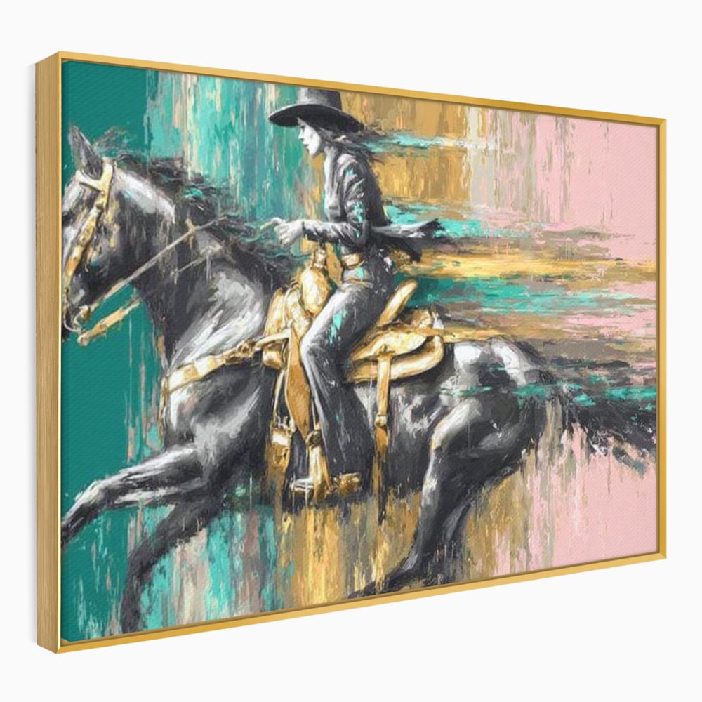 Tablou Canvas Premium, LuxCanva® M1357, Calaret Pierdut in Culoare, Armasar, Galop, Viteza, Pictura, Palarie, Femeie, Cowboy, Culoare, Copite, Birou, Living, Camera Copil
