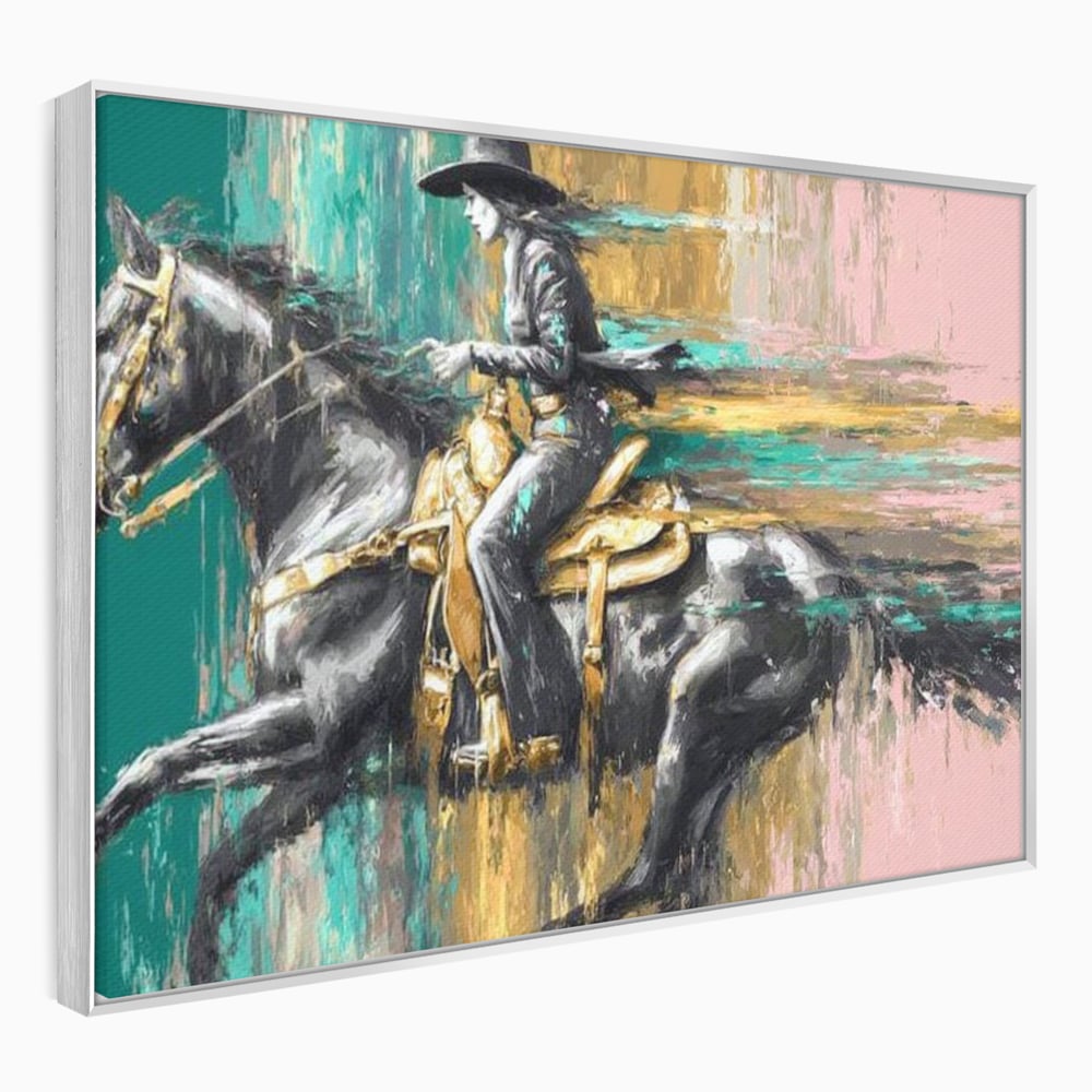 Tablou Canvas Premium, LuxCanva® M1357, Calaret Pierdut in Culoare, Armasar, Galop, Viteza, Pictura, Palarie, Femeie, Cowboy, Culoare, Copite, Birou, Living, Camera Copil