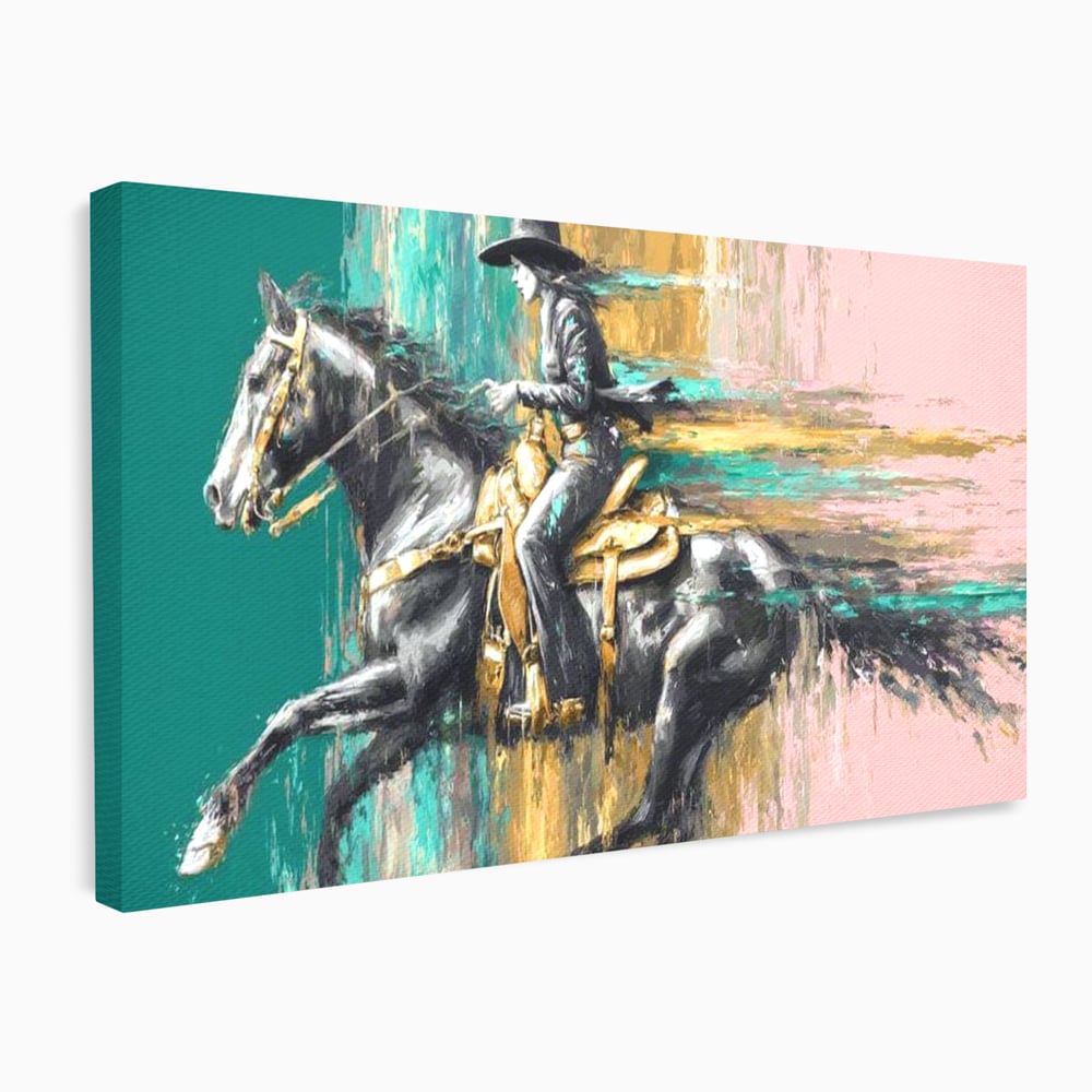 Tablou Canvas Premium, LuxCanva® M1357, Calaret Pierdut in Culoare, Armasar, Galop, Viteza, Pictura, Palarie, Femeie, Cowboy, Culoare, Copite, Birou, Living, Camera Copil