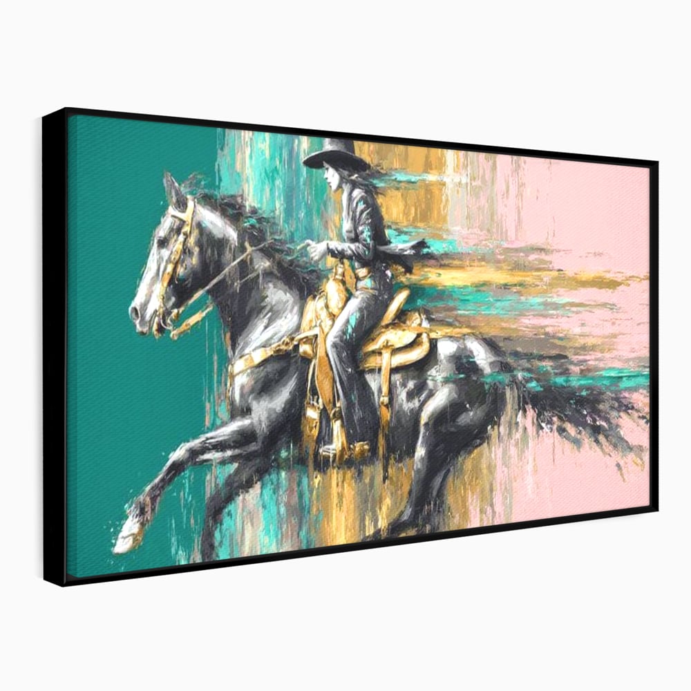 Tablou Canvas Premium, LuxCanva® M1357, Calaret Pierdut in Culoare, Armasar, Galop, Viteza, Pictura, Palarie, Femeie, Cowboy, Culoare, Copite, Birou, Living, Camera Copil