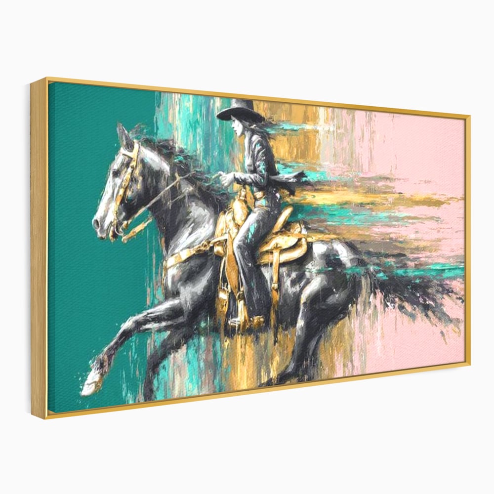 Tablou Canvas Premium, LuxCanva® M1357, Calaret Pierdut in Culoare, Armasar, Galop, Viteza, Pictura, Palarie, Femeie, Cowboy, Culoare, Copite, Birou, Living, Camera Copil