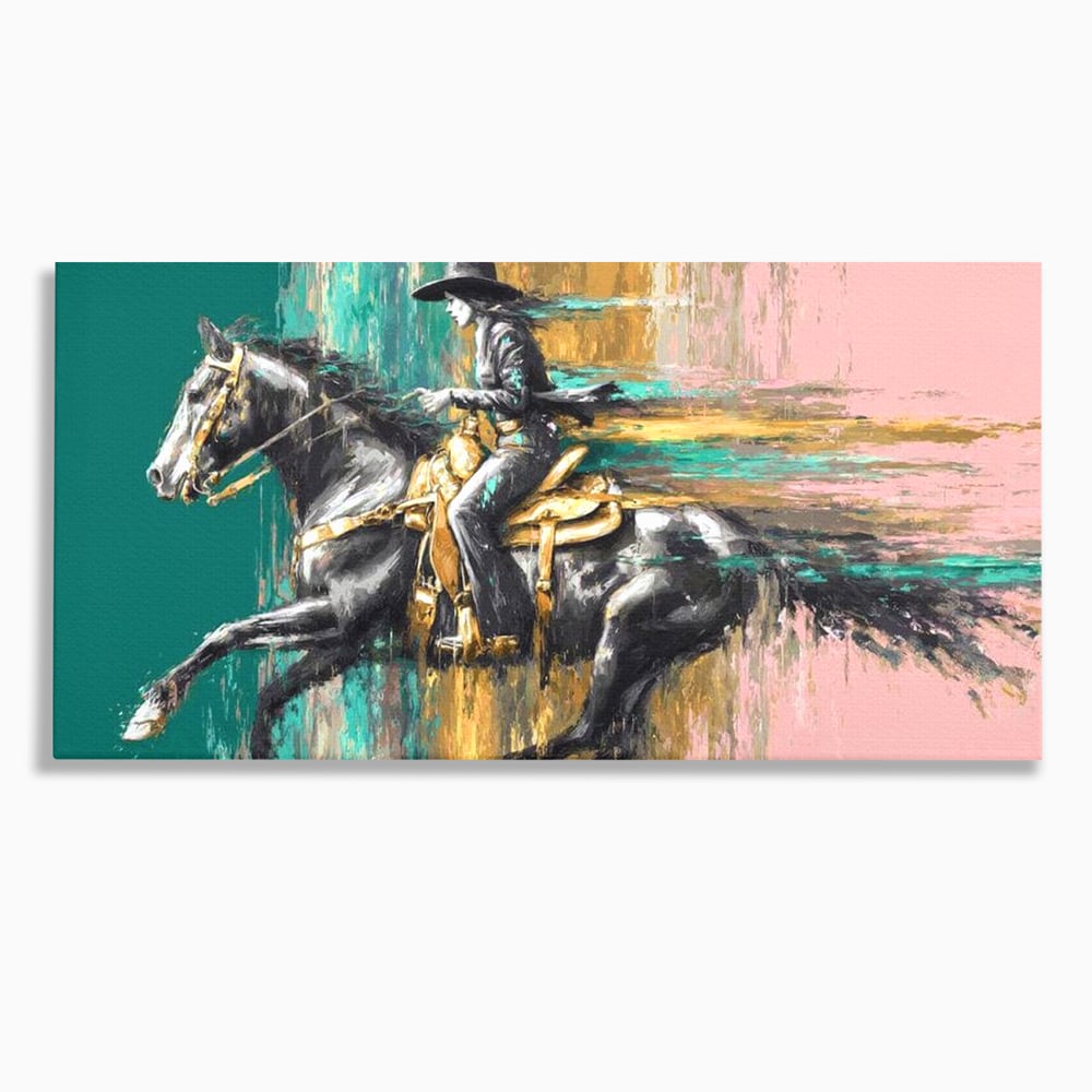 Tablou Canvas Premium, LuxCanva® M1357, Calaret Pierdut in Culoare, Armasar, Galop, Viteza, Pictura, Palarie, Femeie, Cowboy, Culoare, Copite, Birou, Living, Camera Copil
