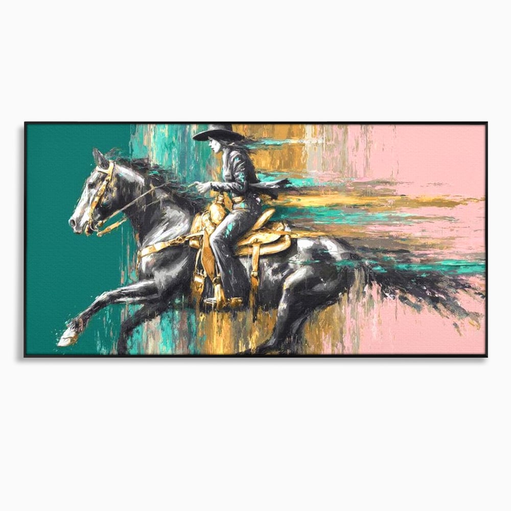 Tablou Canvas Premium, LuxCanva® M1357, Calaret Pierdut in Culoare, Armasar, Galop, Viteza, Pictura, Palarie, Femeie, Cowboy, Culoare, Copite, Birou, Living, Camera Copil
