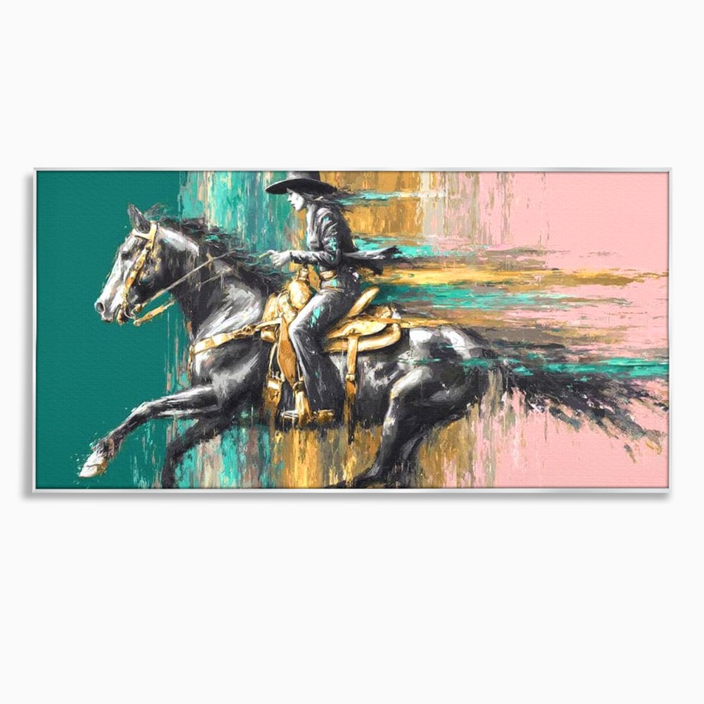 Tablou Canvas Premium, LuxCanva® M1357, Calaret Pierdut in Culoare, Armasar, Galop, Viteza, Pictura, Palarie, Femeie, Cowboy, Culoare, Copite, Birou, Living, Camera Copil