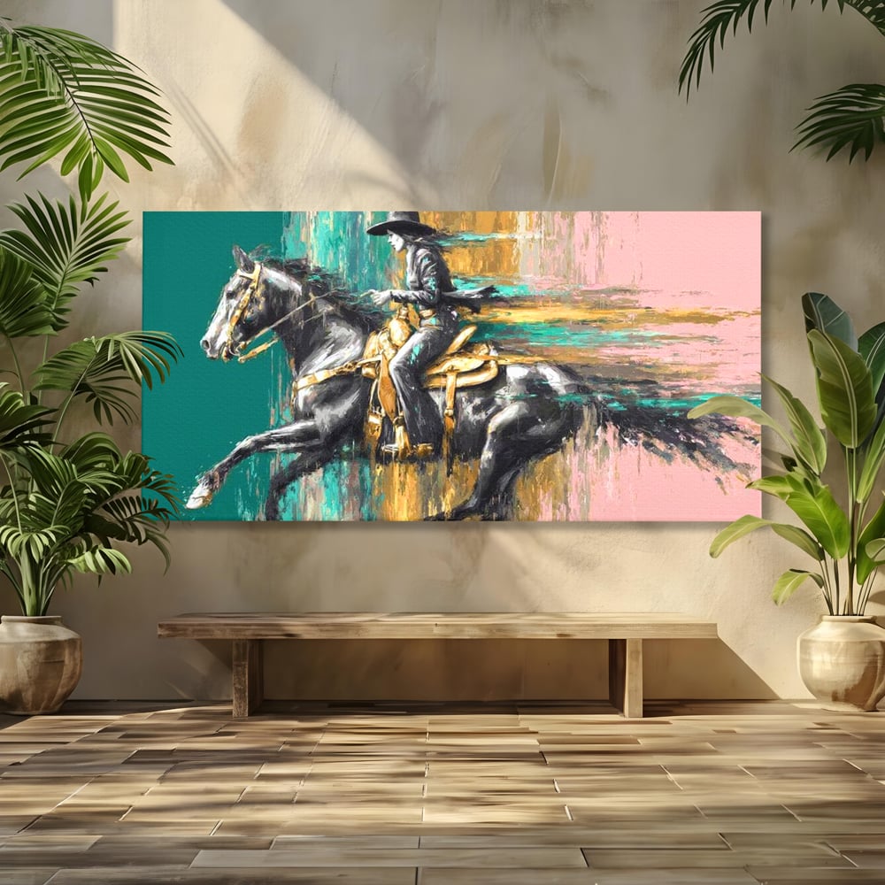 Tablou Canvas Premium, LuxCanva® M1357, Calaret Pierdut in Culoare, Armasar, Galop, Viteza, Pictura, Palarie, Femeie, Cowboy, Culoare, Copite, Birou, Living, Camera Copil