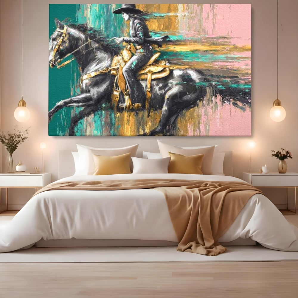 Tablou Canvas Premium, LuxCanva® M1357, Calaret Pierdut in Culoare, Armasar, Galop, Viteza, Pictura, Palarie, Femeie, Cowboy, Culoare, Copite, Birou, Living, Camera Copil