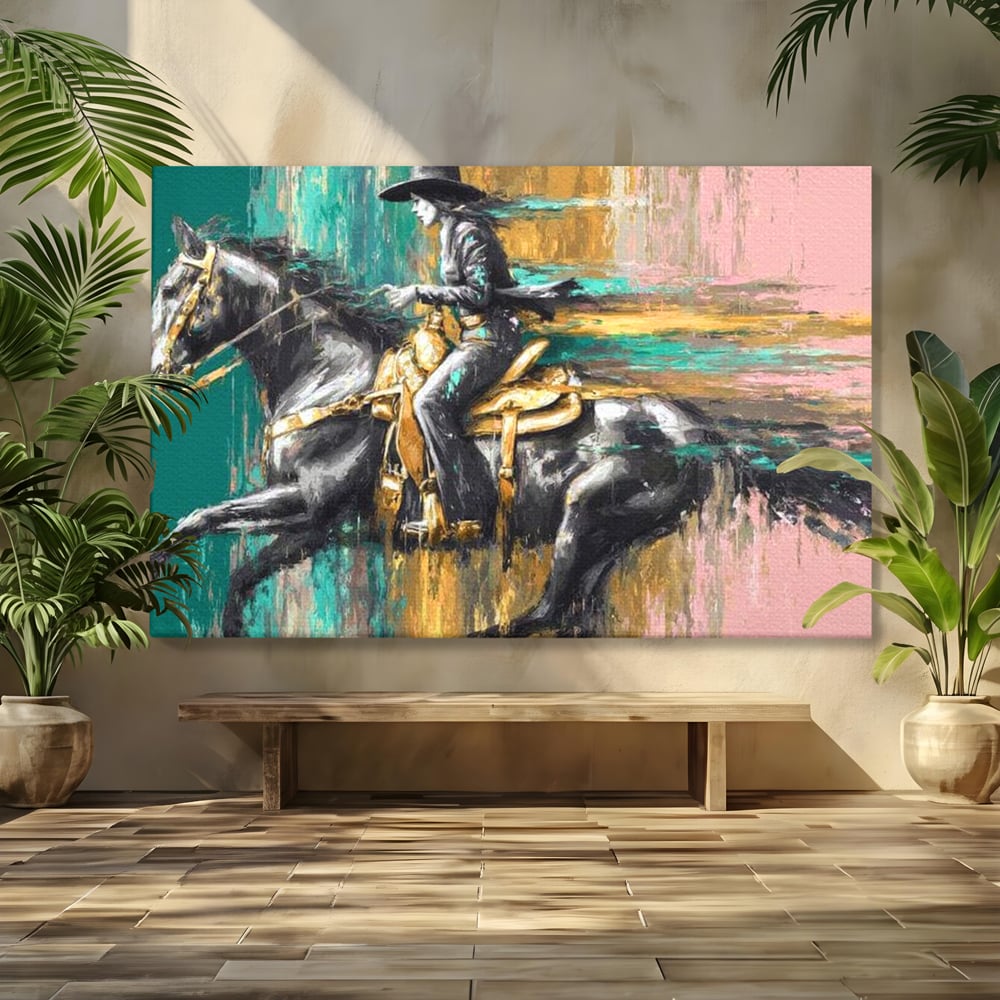 Tablou Canvas Premium, LuxCanva® M1357, Calaret Pierdut in Culoare, Armasar, Galop, Viteza, Pictura, Palarie, Femeie, Cowboy, Culoare, Copite, Birou, Living, Camera Copil