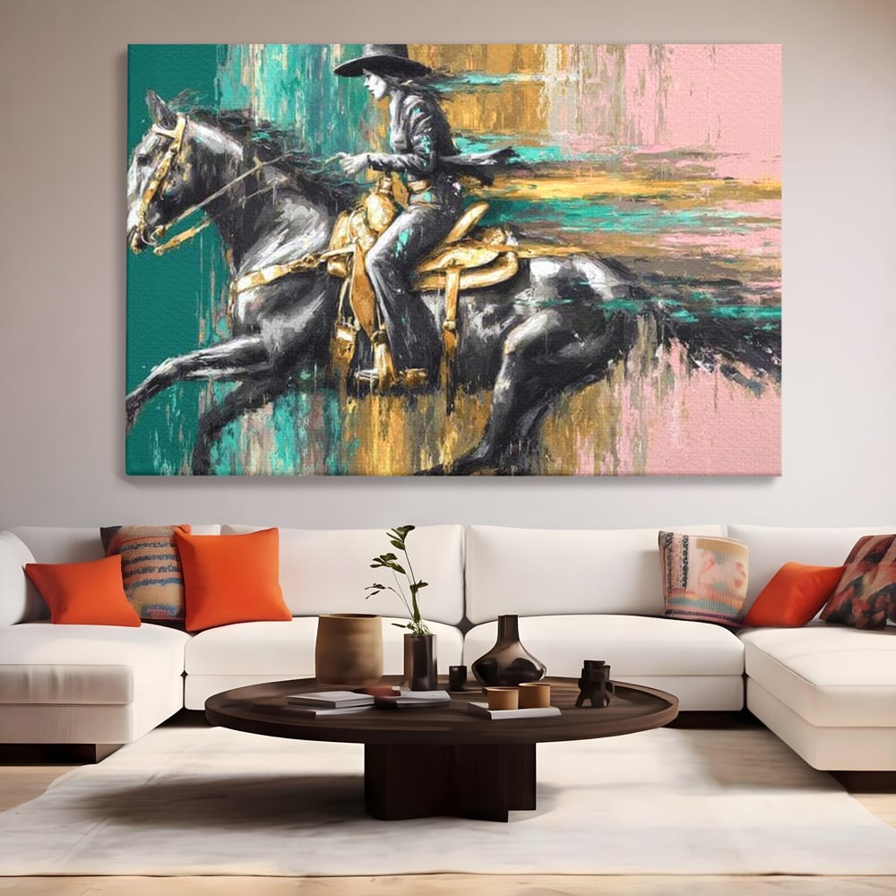 Tablou Canvas Premium, LuxCanva® M1357, Calaret Pierdut in Culoare, Armasar, Galop, Viteza, Pictura, Palarie, Femeie, Cowboy, Culoare, Copite, Birou, Living, Camera Copil