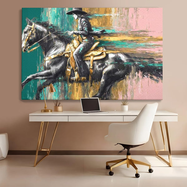 Tablou Canvas Premium, LuxCanva® M1357, Calaret Pierdut in Culoare, Armasar, Galop, Viteza, Pictura, Palarie, Femeie, Cowboy, Culoare, Copite, Birou, Living, Camera Copil