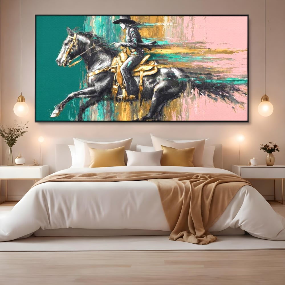 Tablou Canvas Premium, LuxCanva® M1357, Calaret Pierdut in Culoare, Armasar, Galop, Viteza, Pictura, Palarie, Femeie, Cowboy, Culoare, Copite, Birou, Living, Camera Copil