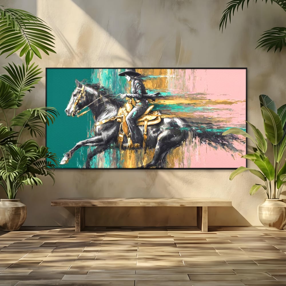 Tablou Canvas Premium, LuxCanva® M1357, Calaret Pierdut in Culoare, Armasar, Galop, Viteza, Pictura, Palarie, Femeie, Cowboy, Culoare, Copite, Birou, Living, Camera Copil