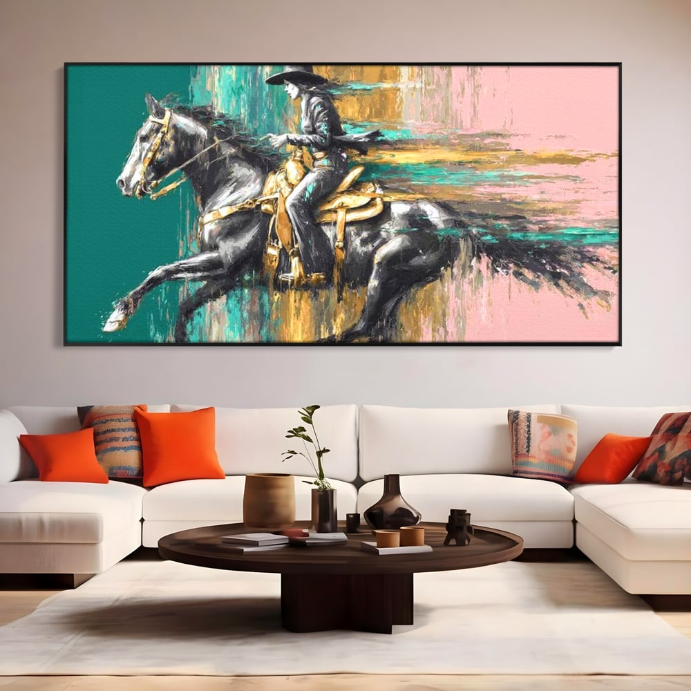 Tablou Canvas Premium, LuxCanva® M1357, Calaret Pierdut in Culoare, Armasar, Galop, Viteza, Pictura, Palarie, Femeie, Cowboy, Culoare, Copite, Birou, Living, Camera Copil