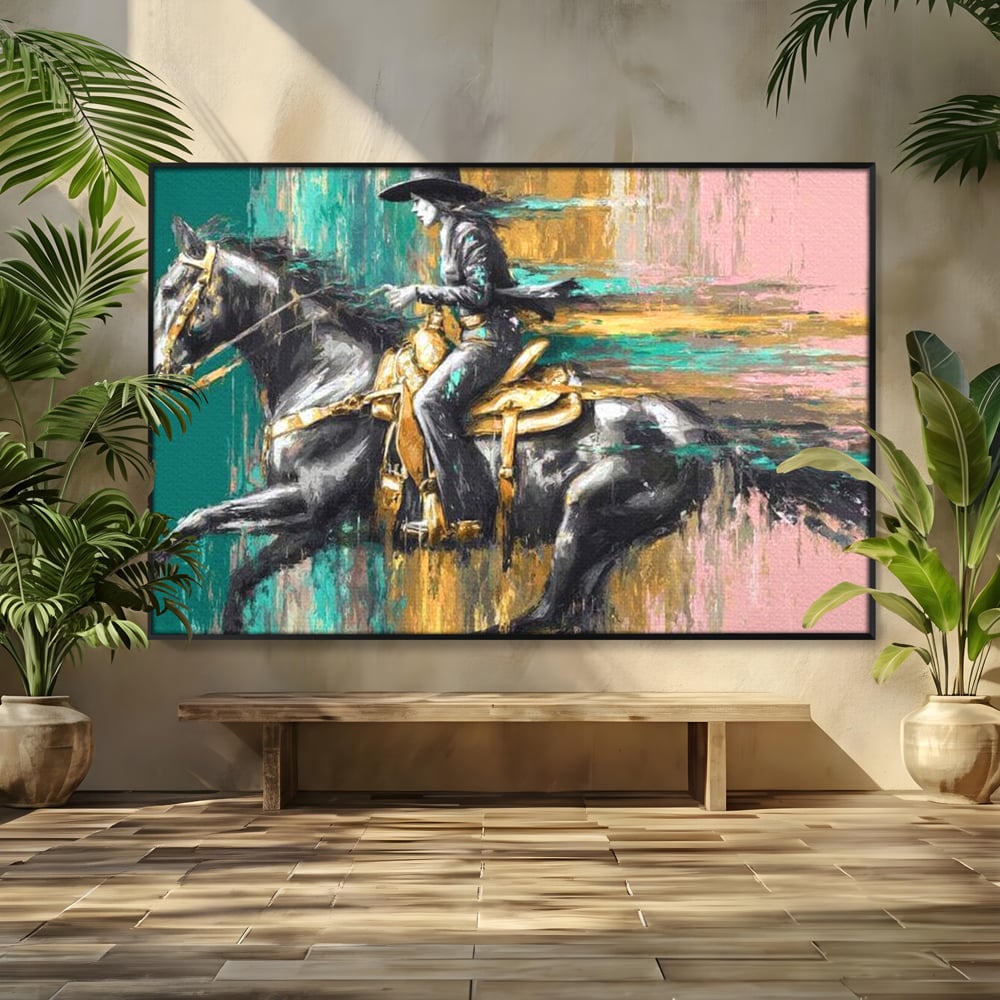Tablou Canvas Premium, LuxCanva® M1357, Calaret Pierdut in Culoare, Armasar, Galop, Viteza, Pictura, Palarie, Femeie, Cowboy, Culoare, Copite, Birou, Living, Camera Copil