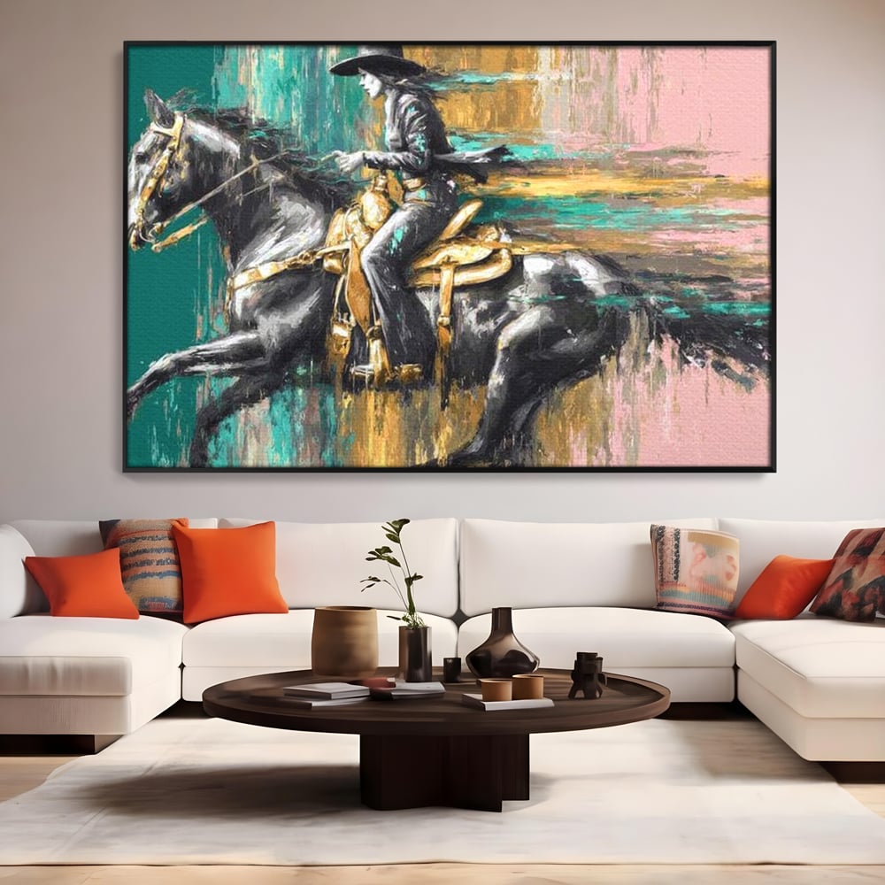 Tablou Canvas Premium, LuxCanva® M1357, Calaret Pierdut in Culoare, Armasar, Galop, Viteza, Pictura, Palarie, Femeie, Cowboy, Culoare, Copite, Birou, Living, Camera Copil