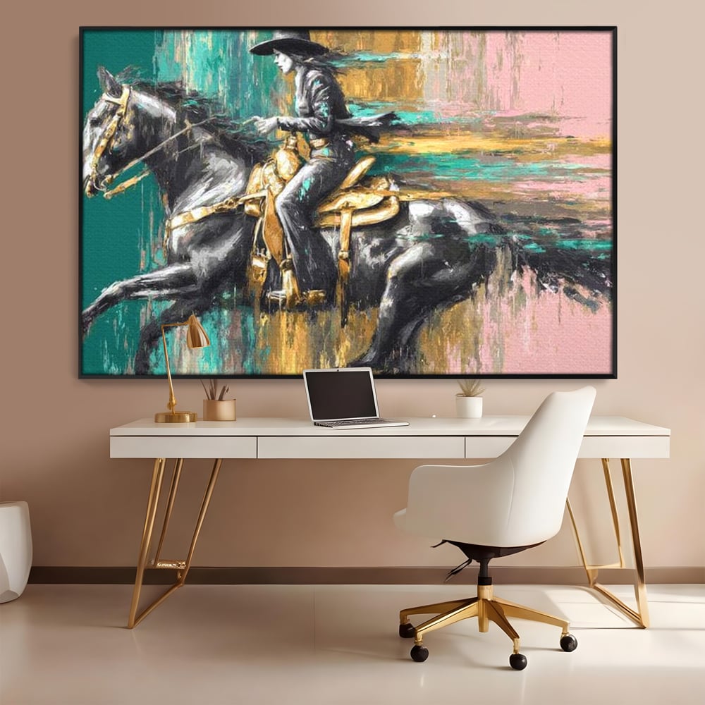 Tablou Canvas Premium, LuxCanva® M1357, Calaret Pierdut in Culoare, Armasar, Galop, Viteza, Pictura, Palarie, Femeie, Cowboy, Culoare, Copite, Birou, Living, Camera Copil