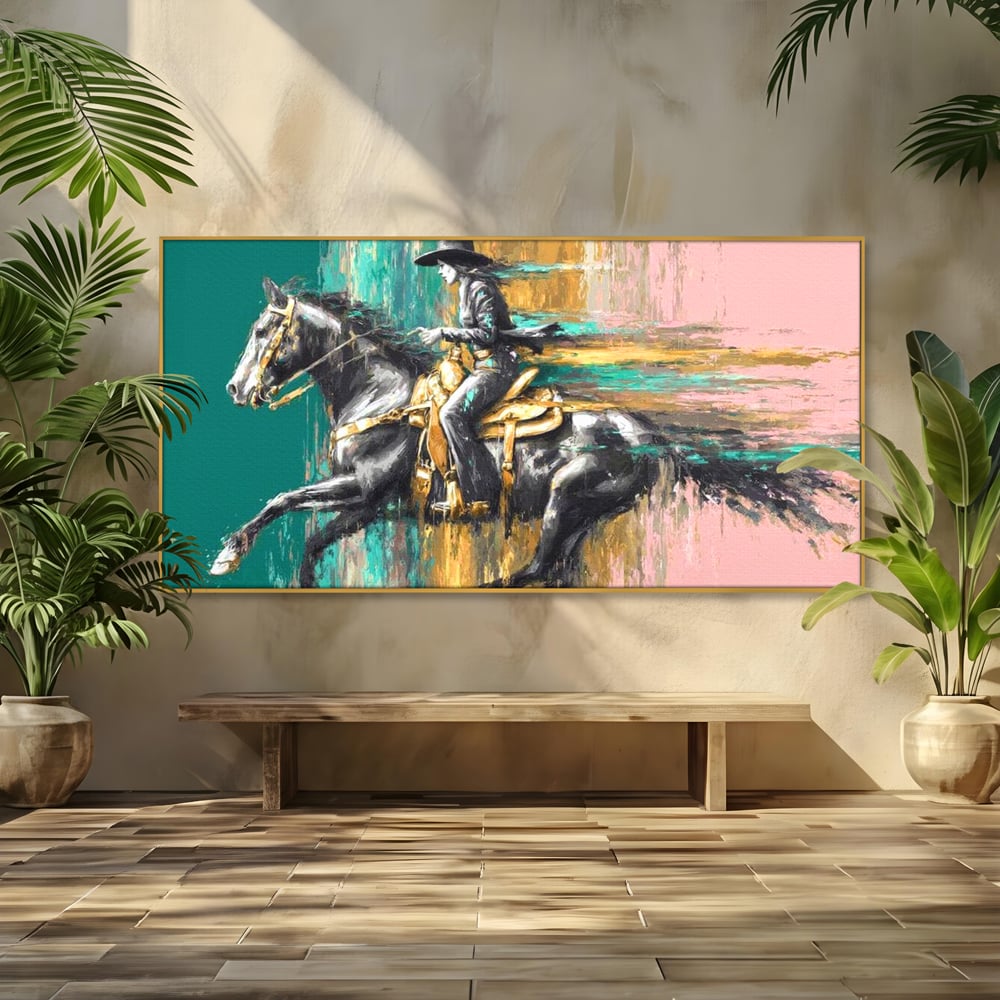 Tablou Canvas Premium, LuxCanva® M1357, Calaret Pierdut in Culoare, Armasar, Galop, Viteza, Pictura, Palarie, Femeie, Cowboy, Culoare, Copite, Birou, Living, Camera Copil