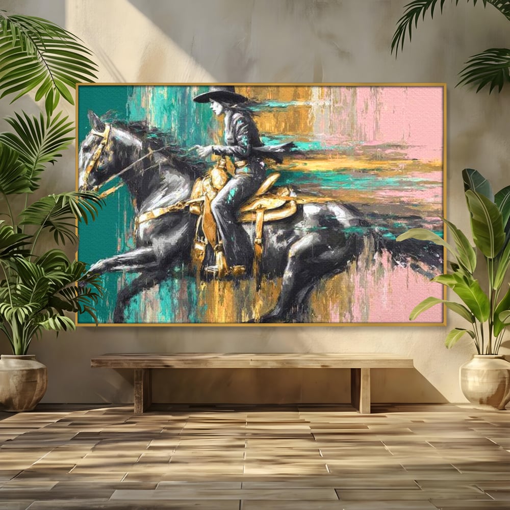 Tablou Canvas Premium, LuxCanva® M1357, Calaret Pierdut in Culoare, Armasar, Galop, Viteza, Pictura, Palarie, Femeie, Cowboy, Culoare, Copite, Birou, Living, Camera Copil