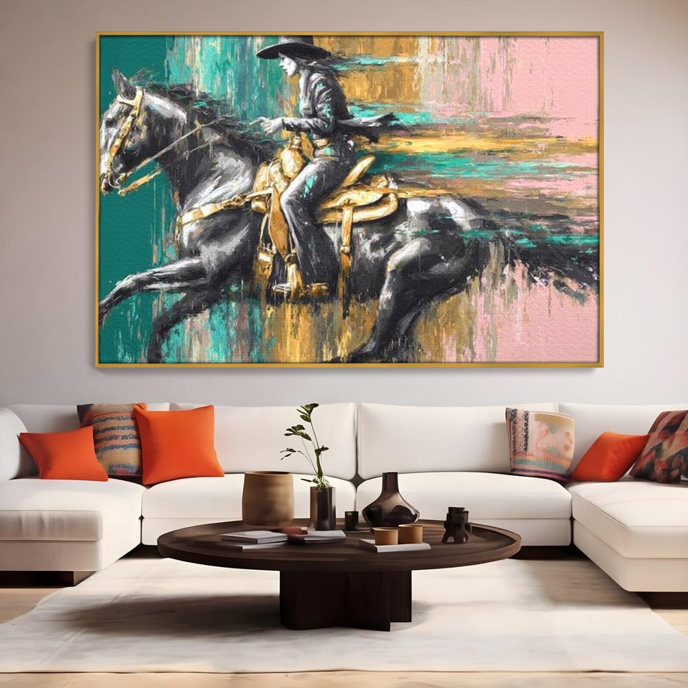 Tablou Canvas Premium, LuxCanva® M1357, Calaret Pierdut in Culoare, Armasar, Galop, Viteza, Pictura, Palarie, Femeie, Cowboy, Culoare, Copite, Birou, Living, Camera Copil
