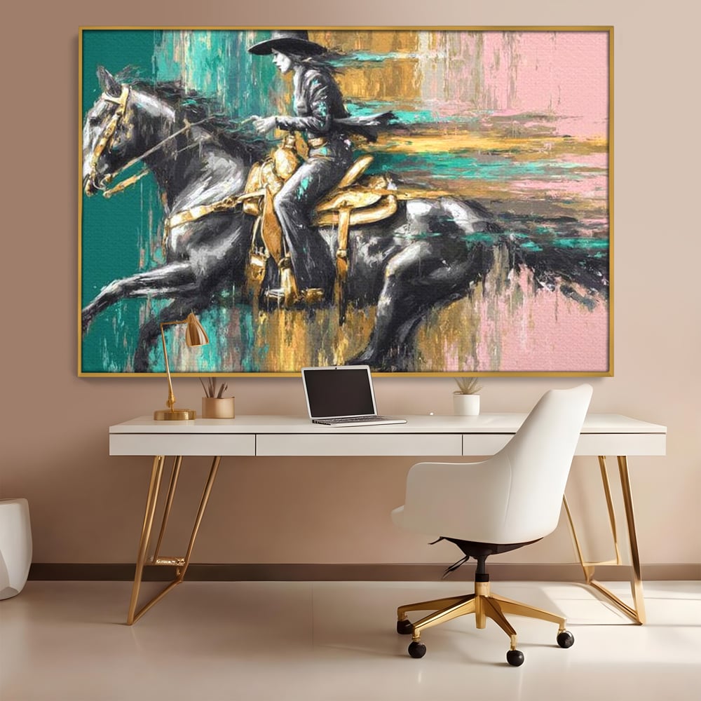 Tablou Canvas Premium, LuxCanva® M1357, Calaret Pierdut in Culoare, Armasar, Galop, Viteza, Pictura, Palarie, Femeie, Cowboy, Culoare, Copite, Birou, Living, Camera Copil