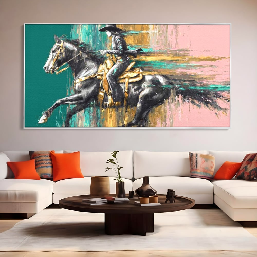 Tablou Canvas Premium, LuxCanva® M1357, Calaret Pierdut in Culoare, Armasar, Galop, Viteza, Pictura, Palarie, Femeie, Cowboy, Culoare, Copite, Birou, Living, Camera Copil