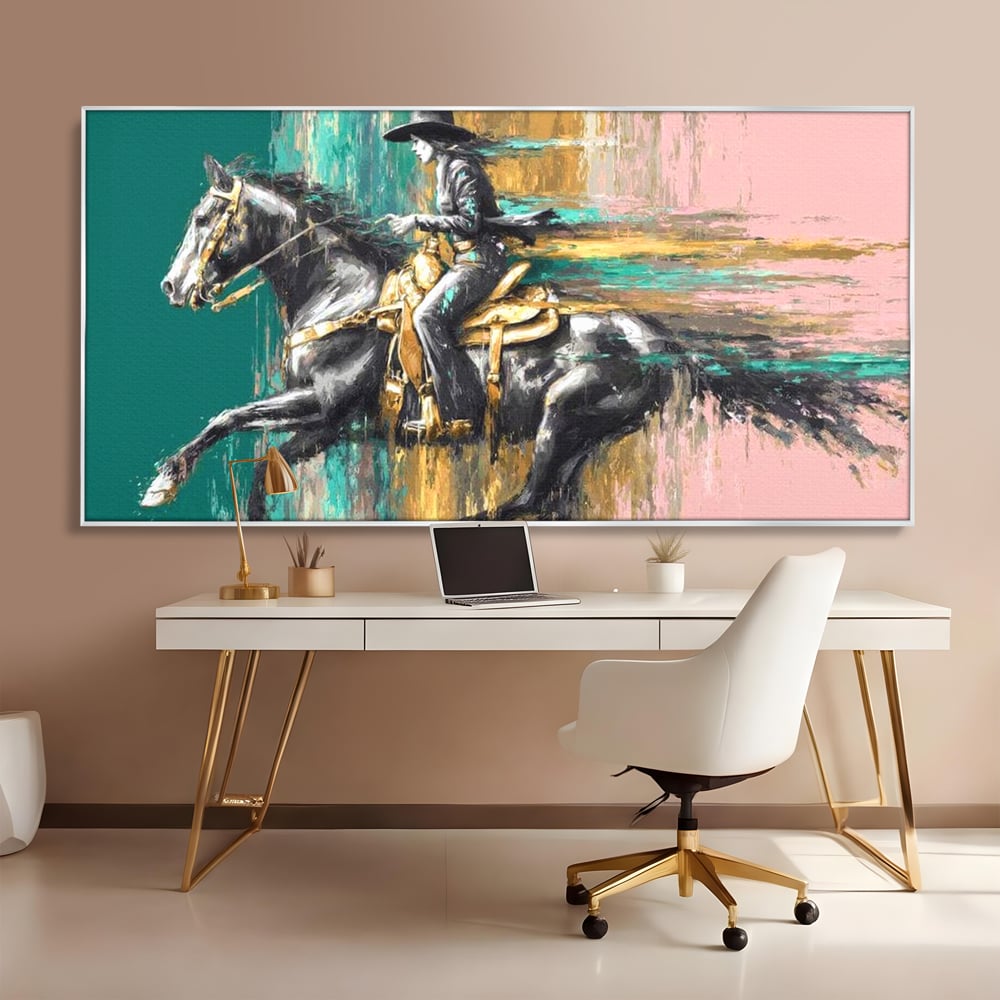 Tablou Canvas Premium, LuxCanva® M1357, Calaret Pierdut in Culoare, Armasar, Galop, Viteza, Pictura, Palarie, Femeie, Cowboy, Culoare, Copite, Birou, Living, Camera Copil