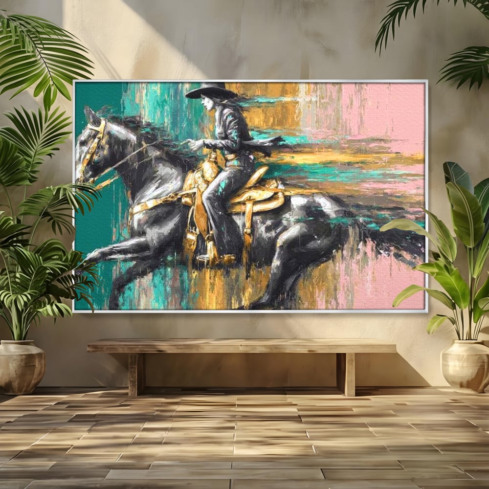 Tablou Canvas Premium, LuxCanva® M1357, Calaret Pierdut in Culoare, Armasar, Galop, Viteza, Pictura, Palarie, Femeie, Cowboy, Culoare, Copite, Birou, Living, Camera Copil