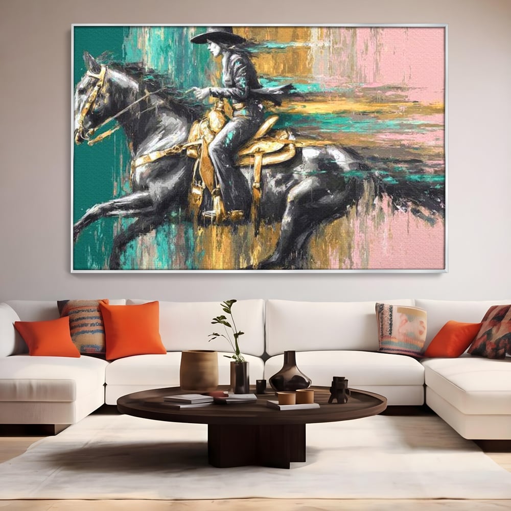 Tablou Canvas Premium, LuxCanva® M1357, Calaret Pierdut in Culoare, Armasar, Galop, Viteza, Pictura, Palarie, Femeie, Cowboy, Culoare, Copite, Birou, Living, Camera Copil