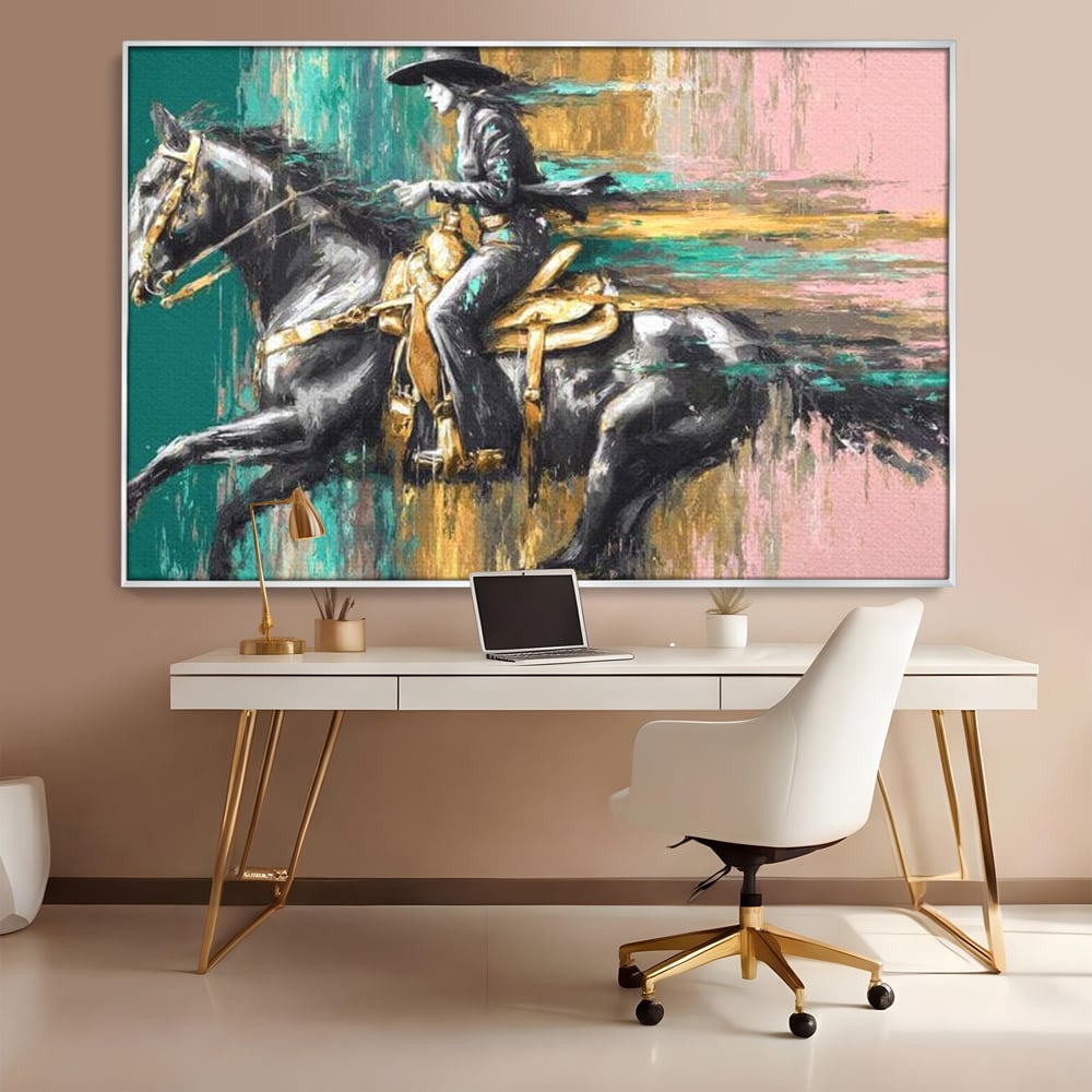 Tablou Canvas Premium, LuxCanva® M1357, Calaret Pierdut in Culoare, Armasar, Galop, Viteza, Pictura, Palarie, Femeie, Cowboy, Culoare, Copite, Birou, Living, Camera Copil