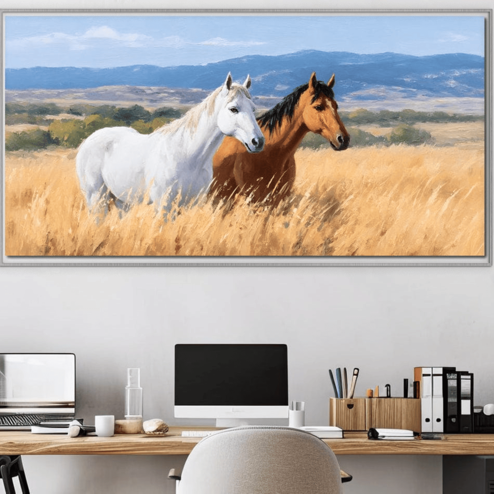 Tablou Canvas Premium, LuxCanva® M1358, Povestea Campiei, Pereche, Cai, Alb, Maro, Peisaj, Natura, Lumina, Stepa, Priveliste, Rural, Armonie, Birou, Living, Camera Copil