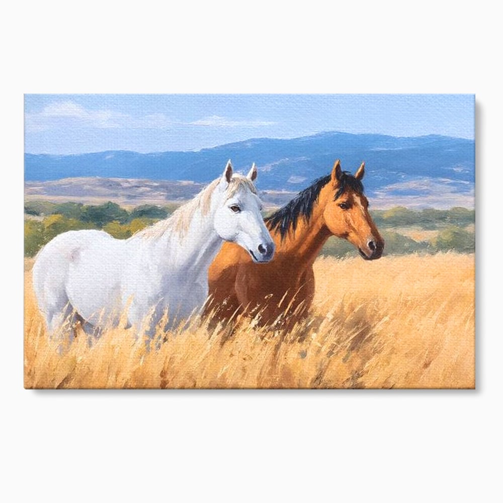 Tablou Canvas Premium, LuxCanva® M1358, Povestea Campiei, Pereche, Cai, Alb, Maro, Peisaj, Natura, Lumina, Stepa, Priveliste, Rural, Armonie, Birou, Living, Camera Copil