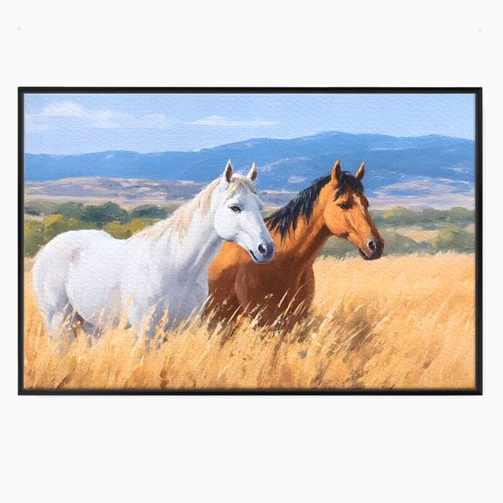 Tablou Canvas Premium, LuxCanva® M1358, Povestea Campiei, Pereche, Cai, Alb, Maro, Peisaj, Natura, Lumina, Stepa, Priveliste, Rural, Armonie, Birou, Living, Camera Copil