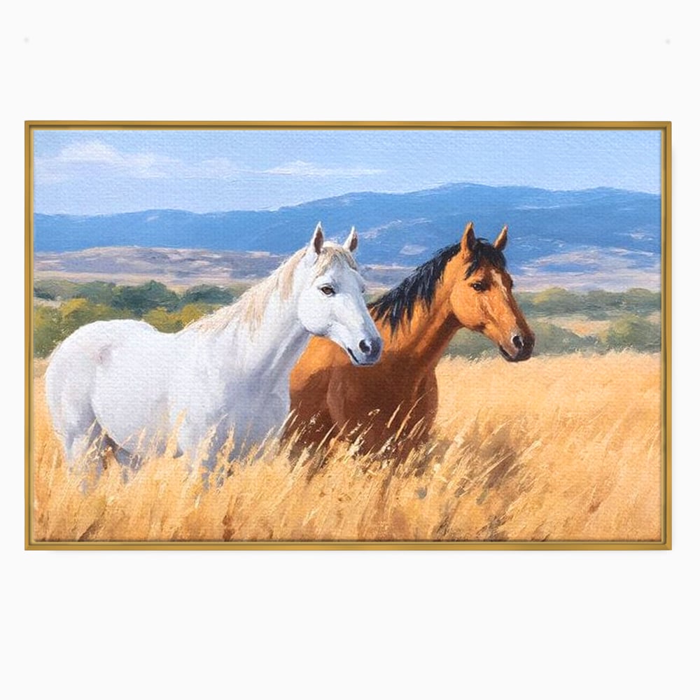 Tablou Canvas Premium, LuxCanva® M1358, Povestea Campiei, Pereche, Cai, Alb, Maro, Peisaj, Natura, Lumina, Stepa, Priveliste, Rural, Armonie, Birou, Living, Camera Copil
