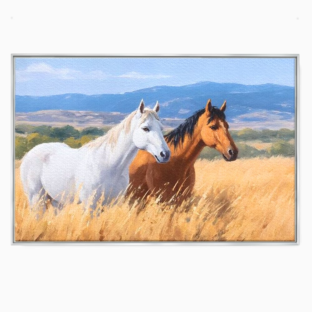 Tablou Canvas Premium, LuxCanva® M1358, Povestea Campiei, Pereche, Cai, Alb, Maro, Peisaj, Natura, Lumina, Stepa, Priveliste, Rural, Armonie, Birou, Living, Camera Copil