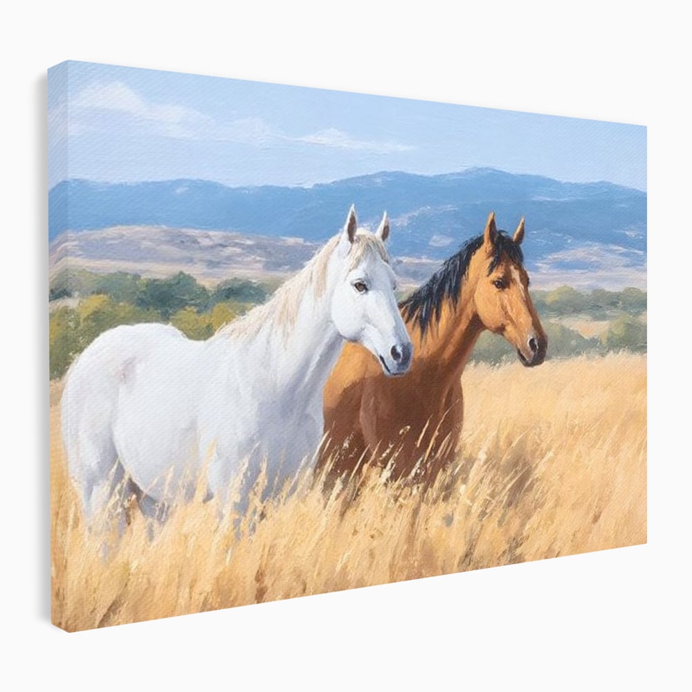 Tablou Canvas Premium, LuxCanva® M1358, Povestea Campiei, Pereche, Cai, Alb, Maro, Peisaj, Natura, Lumina, Stepa, Priveliste, Rural, Armonie, Birou, Living, Camera Copil