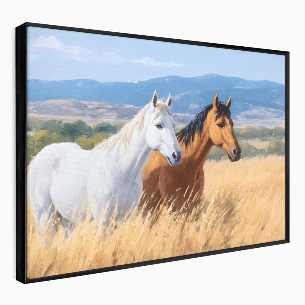 Tablou Canvas Premium, LuxCanva® M1358, Povestea Campiei, Pereche, Cai, Alb, Maro, Peisaj, Natura, Lumina, Stepa, Priveliste, Rural, Armonie, Birou, Living, Camera Copil