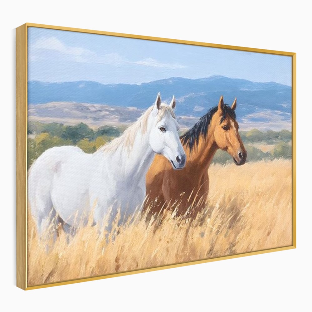 Tablou Canvas Premium, LuxCanva® M1358, Povestea Campiei, Pereche, Cai, Alb, Maro, Peisaj, Natura, Lumina, Stepa, Priveliste, Rural, Armonie, Birou, Living, Camera Copil