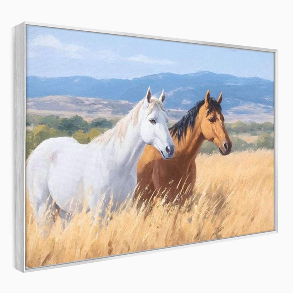 Tablou Canvas Premium, LuxCanva® M1358, Povestea Campiei, Pereche, Cai, Alb, Maro, Peisaj, Natura, Lumina, Stepa, Priveliste, Rural, Armonie, Birou, Living, Camera Copil