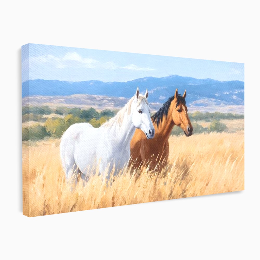 Tablou Canvas Premium, LuxCanva® M1358, Povestea Campiei, Pereche, Cai, Alb, Maro, Peisaj, Natura, Lumina, Stepa, Priveliste, Rural, Armonie, Birou, Living, Camera Copil