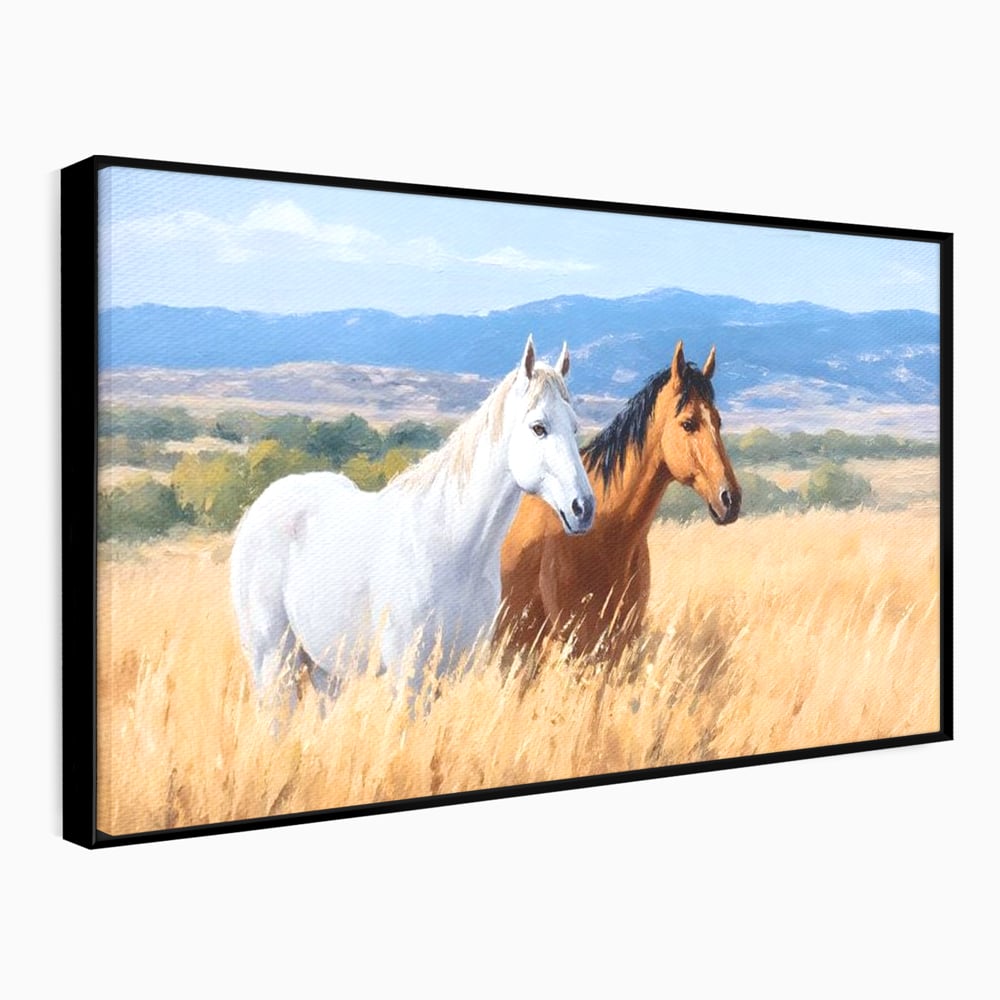 Tablou Canvas Premium, LuxCanva® M1358, Povestea Campiei, Pereche, Cai, Alb, Maro, Peisaj, Natura, Lumina, Stepa, Priveliste, Rural, Armonie, Birou, Living, Camera Copil