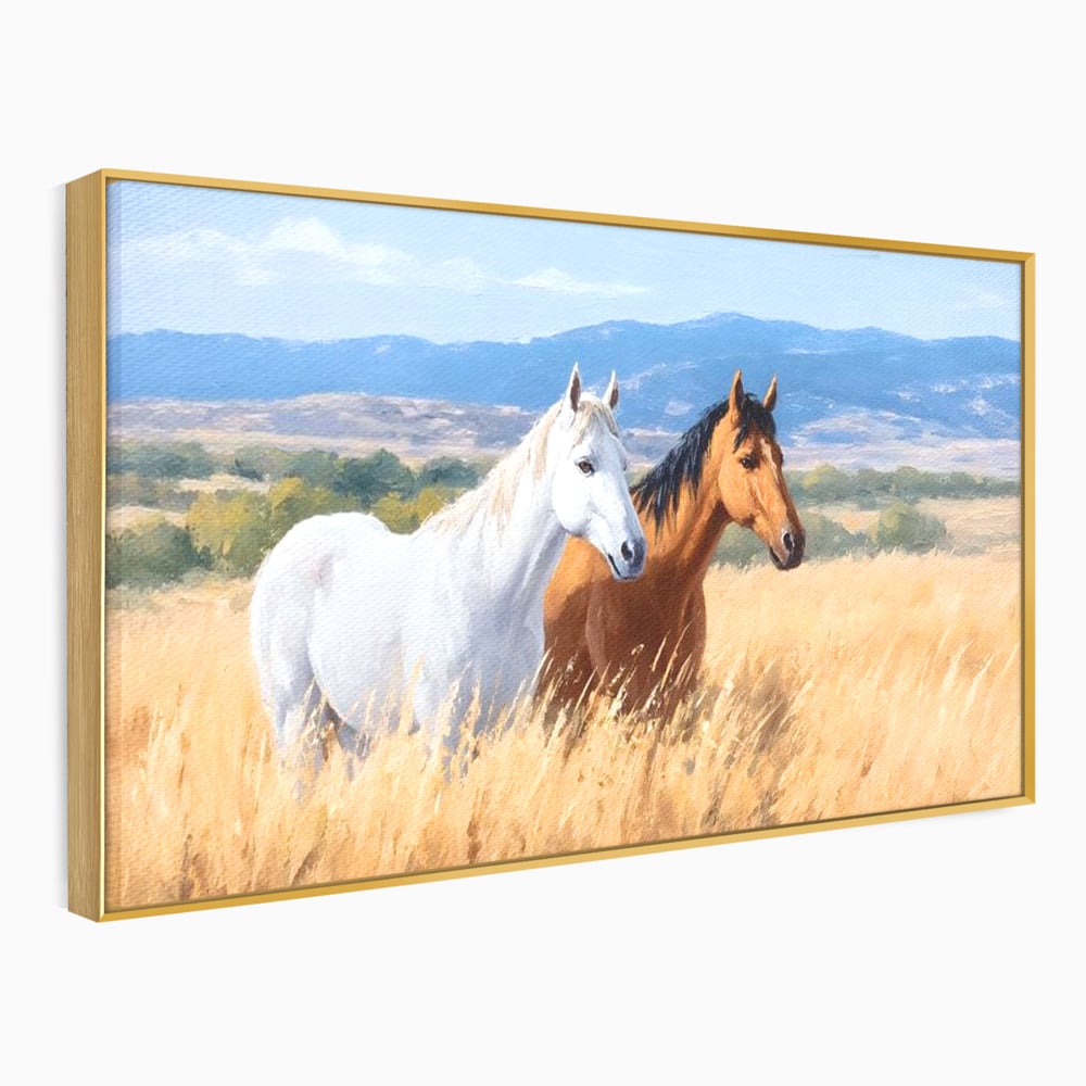 Tablou Canvas Premium, LuxCanva® M1358, Povestea Campiei, Pereche, Cai, Alb, Maro, Peisaj, Natura, Lumina, Stepa, Priveliste, Rural, Armonie, Birou, Living, Camera Copil