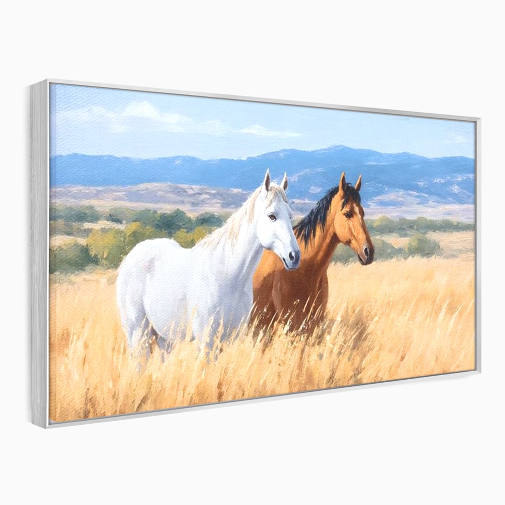Tablou Canvas Premium, LuxCanva® M1358, Povestea Campiei, Pereche, Cai, Alb, Maro, Peisaj, Natura, Lumina, Stepa, Priveliste, Rural, Armonie, Birou, Living, Camera Copil