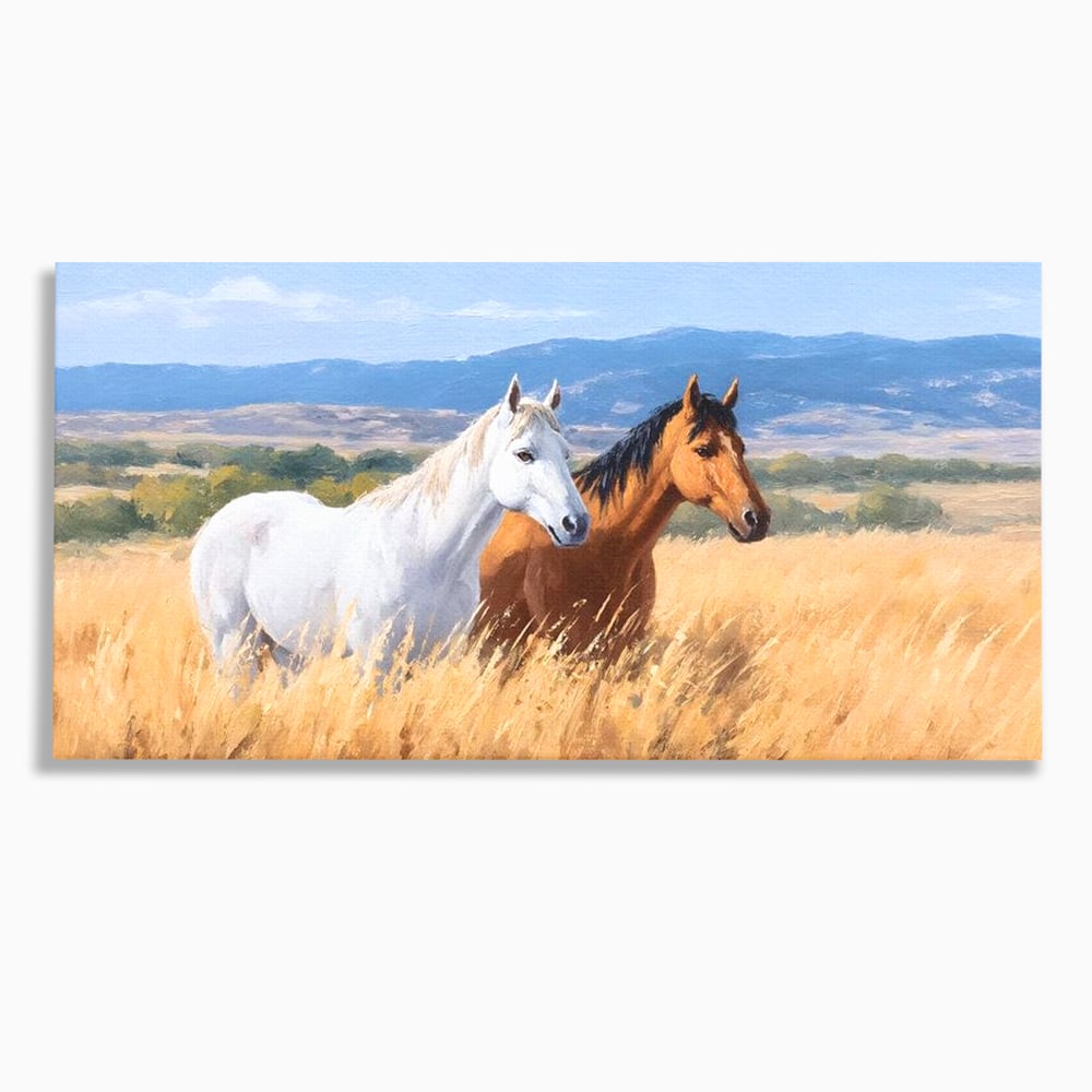 Tablou Canvas Premium, LuxCanva® M1358, Povestea Campiei, Pereche, Cai, Alb, Maro, Peisaj, Natura, Lumina, Stepa, Priveliste, Rural, Armonie, Birou, Living, Camera Copil