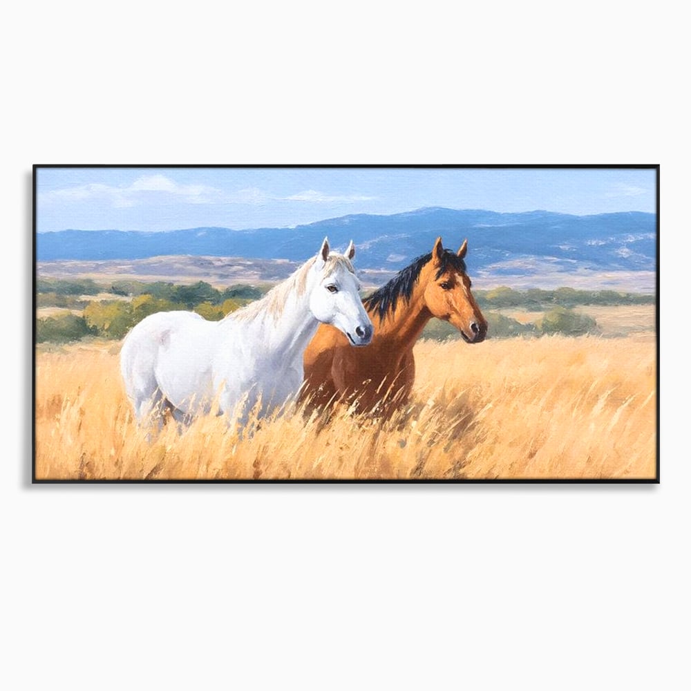 Tablou Canvas Premium, LuxCanva® M1358, Povestea Campiei, Pereche, Cai, Alb, Maro, Peisaj, Natura, Lumina, Stepa, Priveliste, Rural, Armonie, Birou, Living, Camera Copil