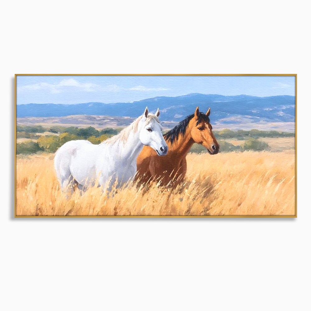 Tablou Canvas Premium, LuxCanva® M1358, Povestea Campiei, Pereche, Cai, Alb, Maro, Peisaj, Natura, Lumina, Stepa, Priveliste, Rural, Armonie, Birou, Living, Camera Copil