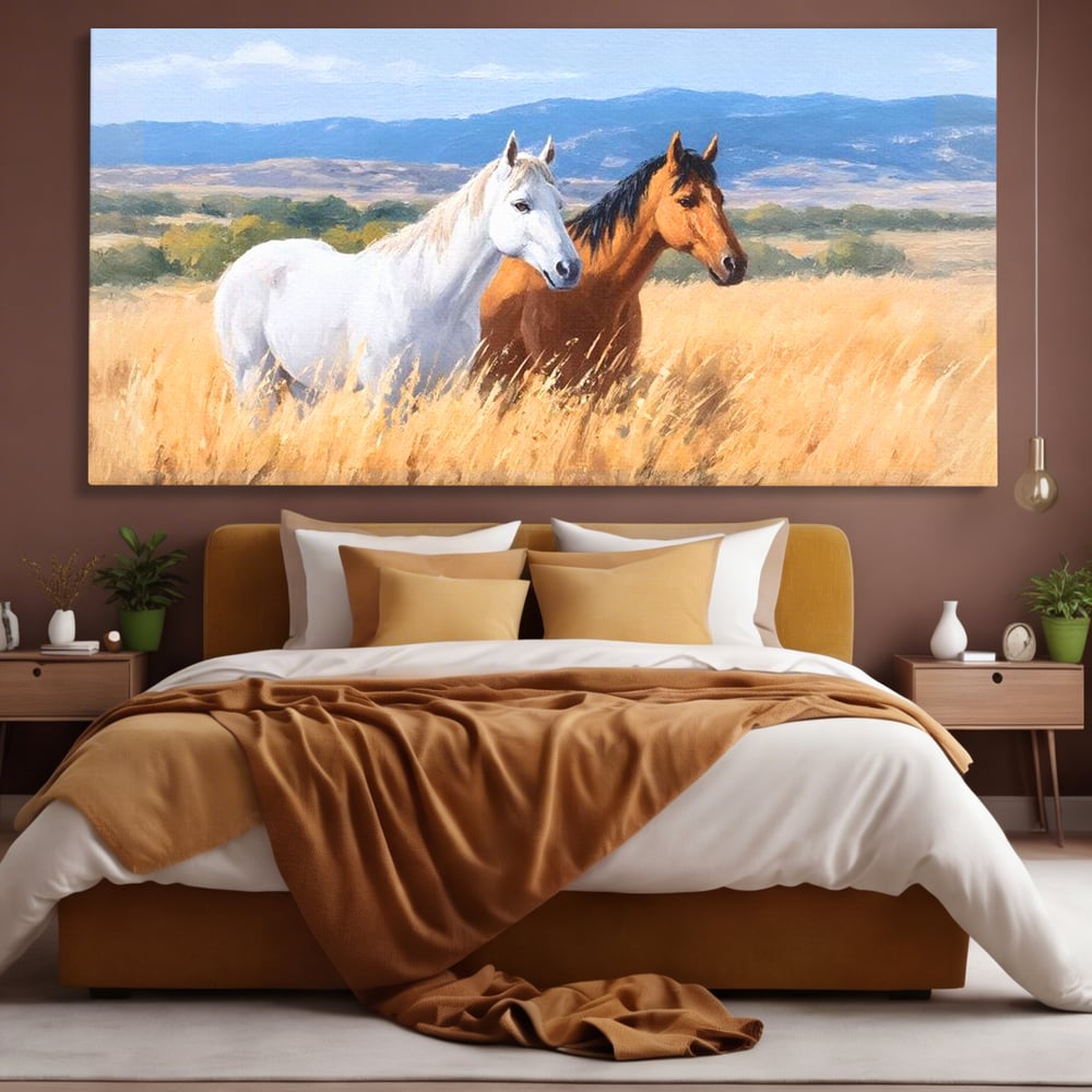 Tablou Canvas Premium, LuxCanva® M1358, Povestea Campiei, Pereche, Cai, Alb, Maro, Peisaj, Natura, Lumina, Stepa, Priveliste, Rural, Armonie, Birou, Living, Camera Copil
